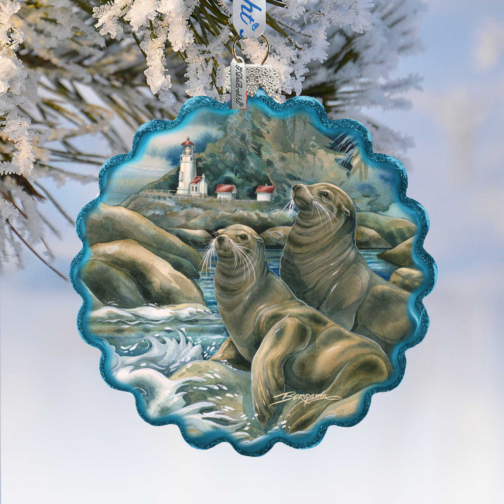 Lions of the Sea Lighthouse Caves Wreath Glass Ornament