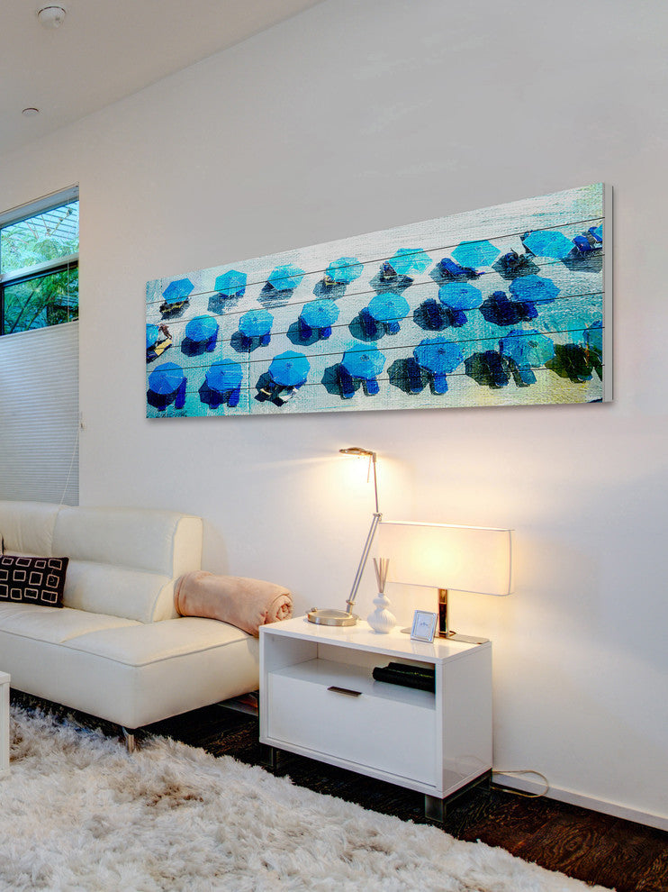 "Umbrellas Blue" Painting Print on White Wood, 60"x20"