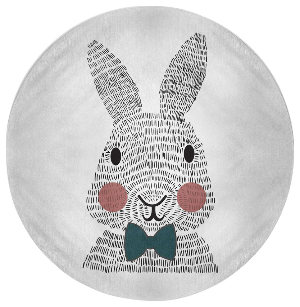 Bow-tie Bunny Easter Chenille Rug, Ocean Abyss Green, 5' Round