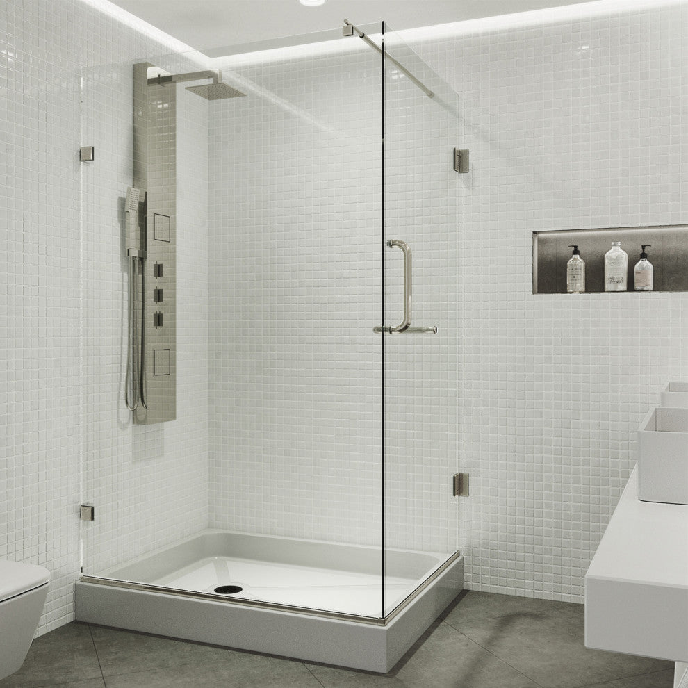VIGO Pacifica 48"D x 36"W x 79"H Frameless Hinged Shower Enclosure, Brushed Nickel, Left Base