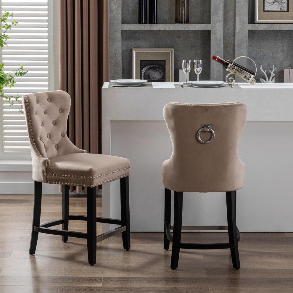 WestinTrends 2PC 24" Tufted Wingback Velvet Counter Height Stool Set, Black, Velvet Taupe