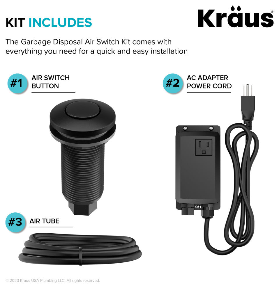 KRAUS Garbage Disposal Air Switch Kit w Push Button, AC Adapter, Cord, Tube, Matte Black