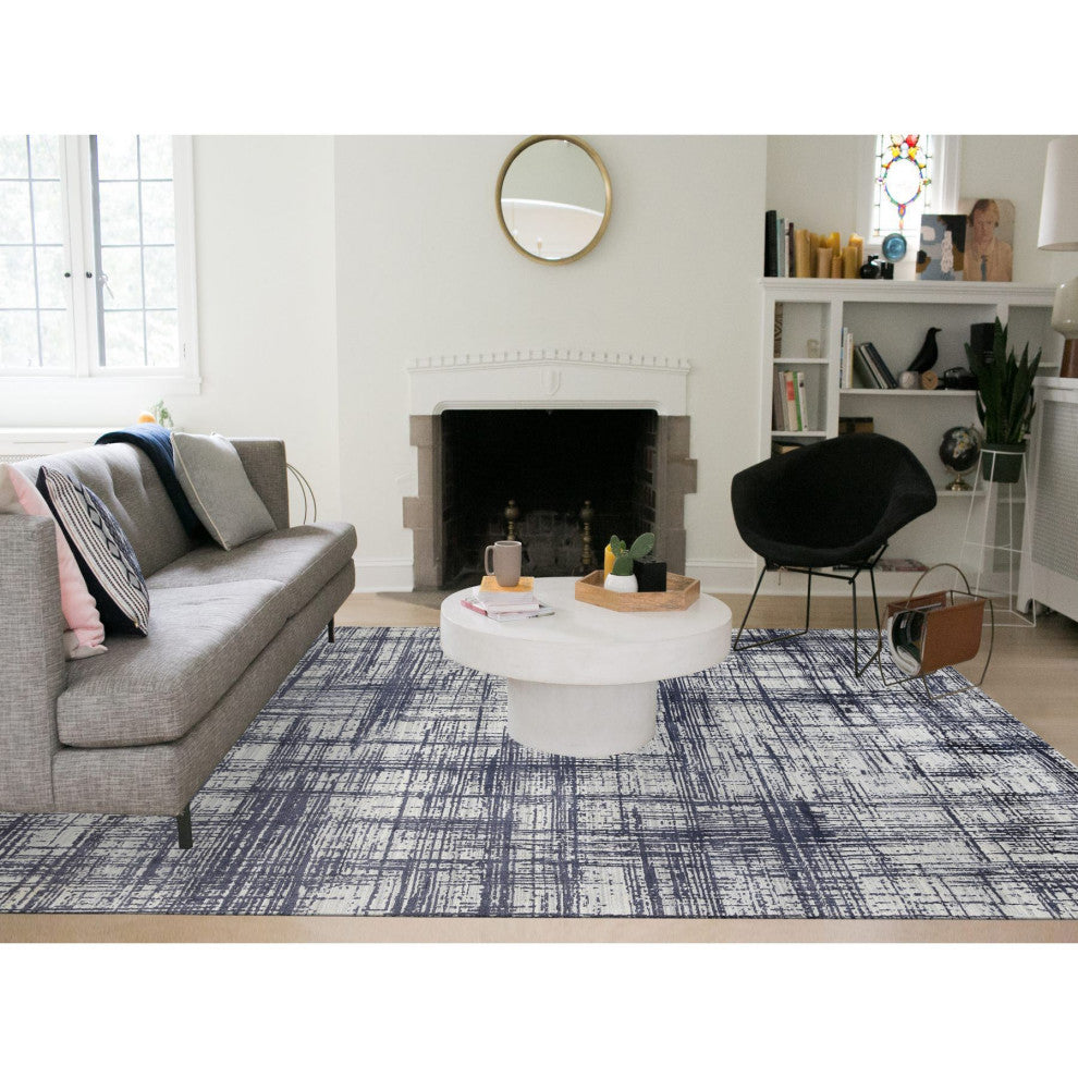 Black, Modern Erased Lines Design, Wool and Silk Hand Loomed Rug, 10'0"x13'9"