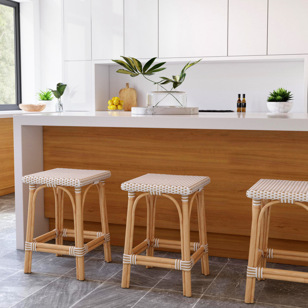 Riviera Square 24"H Rattan Counter Stool, White and Tan