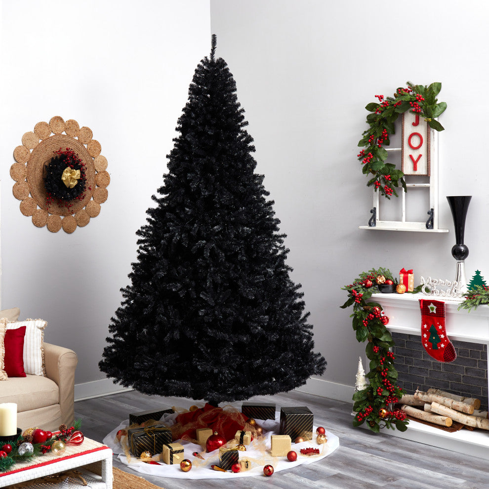 10' Black Artificial Christmas Tree With 950 Clear LED Lights and 3056 Tips