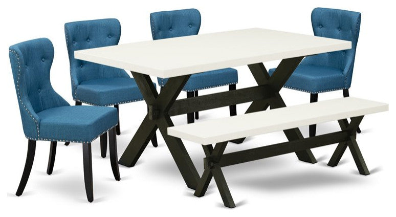 6-Piece Set, 4 Chairs, Wooden Cross Legs Table and Dining Bench