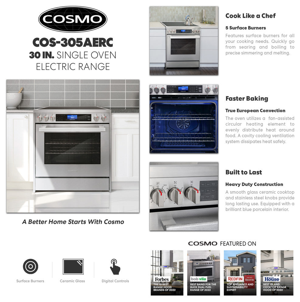 Single Oven Electric Range with 7-Function Convection Oven, 30", Cubic Feet