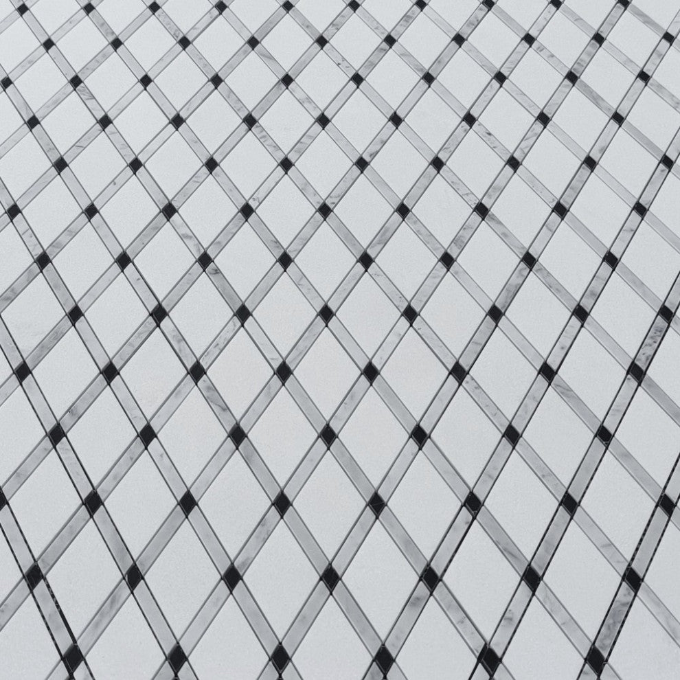 Thassos White Marble Diamond Lattice Mosaic Tile White Marquina Black, 1 sheet