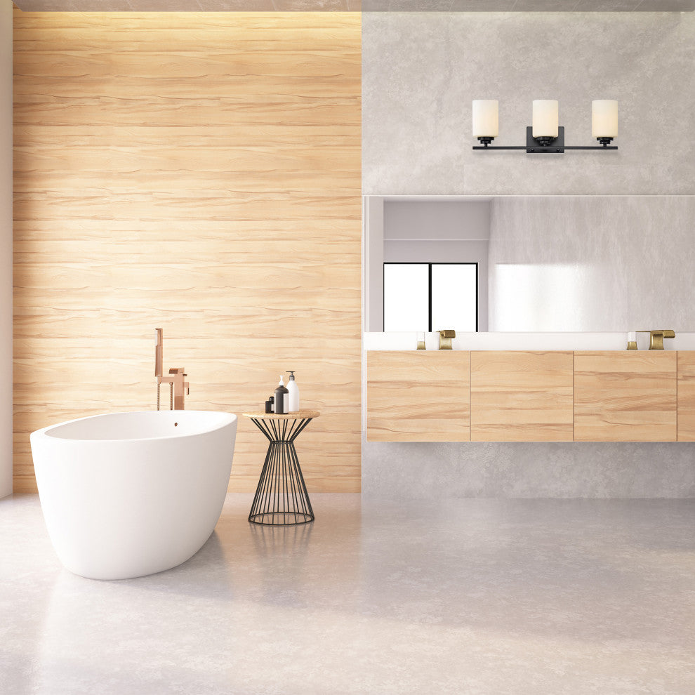3-Light Matte Black Vanity With Etched White Glass Shades
