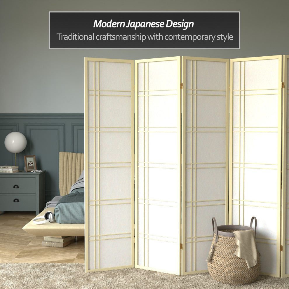 6' Tall Double Cross Shoji Screen, Special Edition, Ivory, 5 Panels