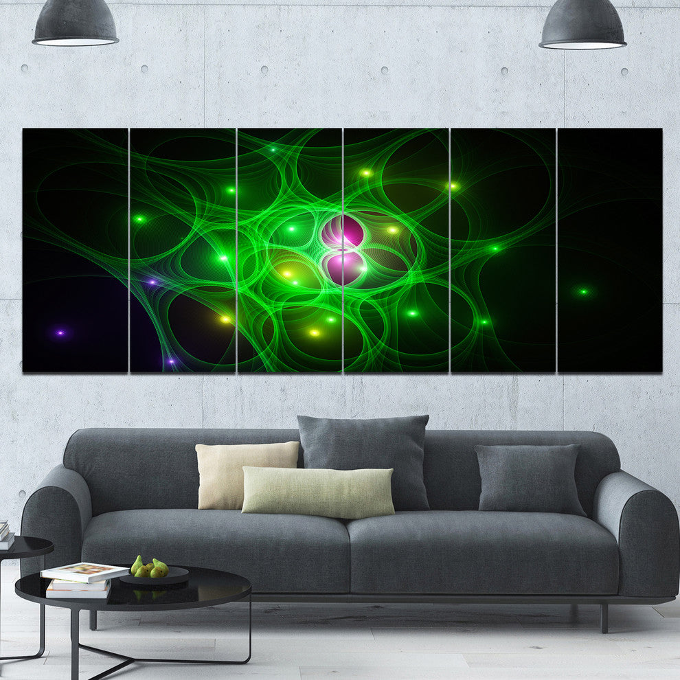 Green Fractal Space Circles, Abstract Canvas Art Print, 70"x28", 6 Panels