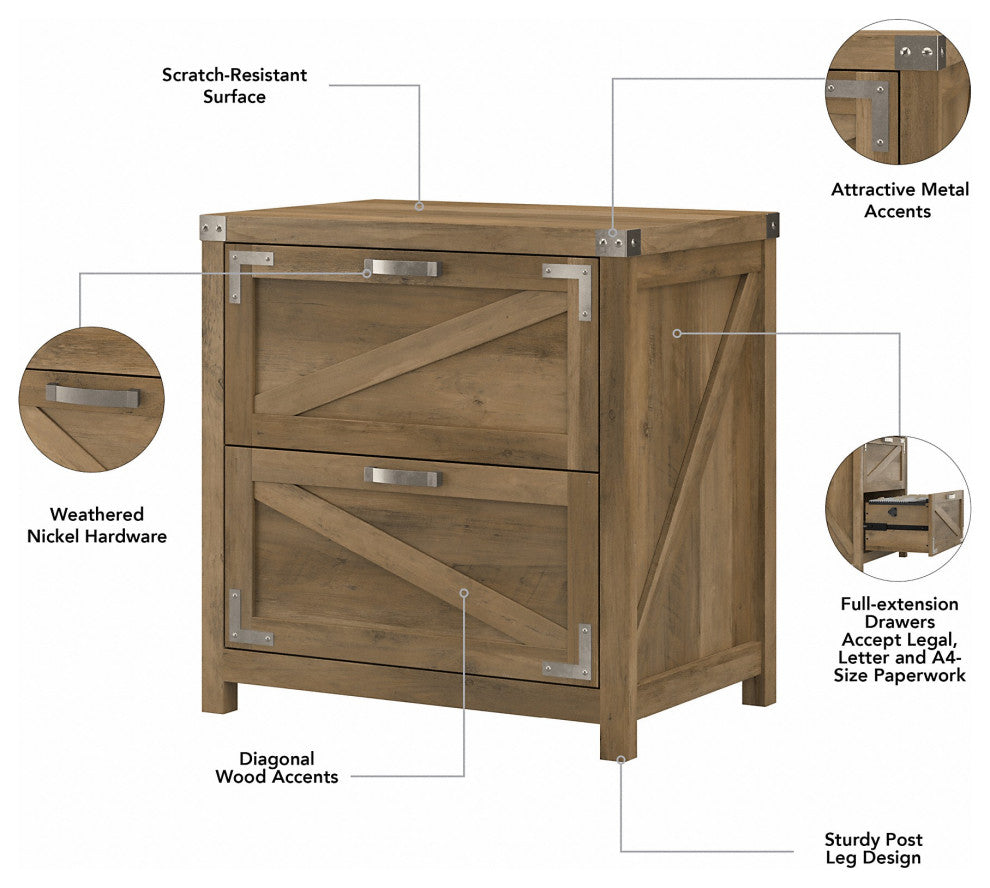 kathy ireland Cottage Grove 60 L Shaped Desk, Cabinet & Bookcase, Reclaimed Pine
