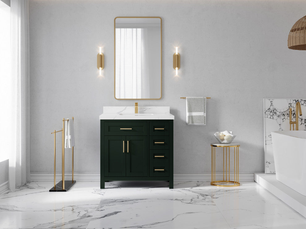 Cambridge 36 Center Sink Bath Vanity in Dark Forest Green 2" Calacatta Laza