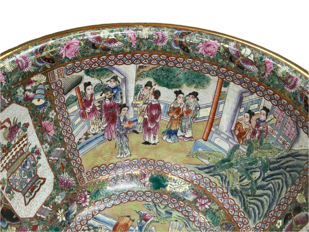 Vintage Chinese Famille Rose People House Graphic Porcelain Bowl Pot Hws4349