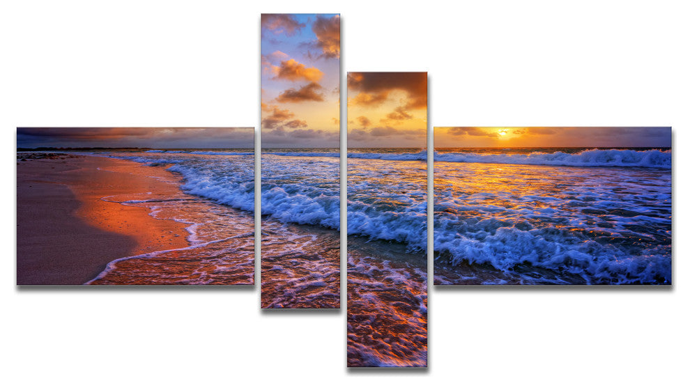 Beautiful Waves under Cloudy Sky, Seashore Canvas Art Print, 60"x32", 4 panels