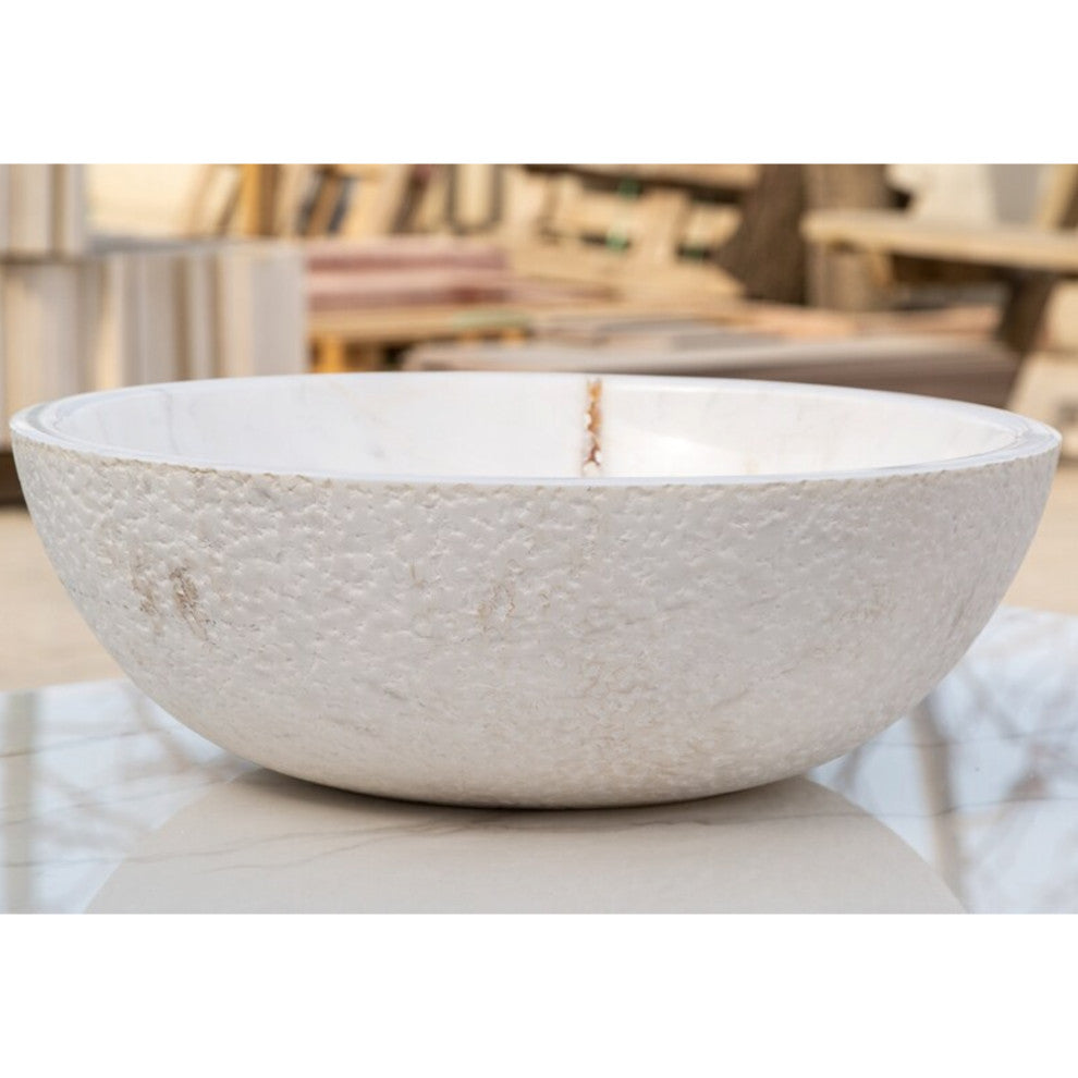 Calacatta White Marble Vessel Sink Polished Interior&Rough Exterior (D)16" (H)5"
