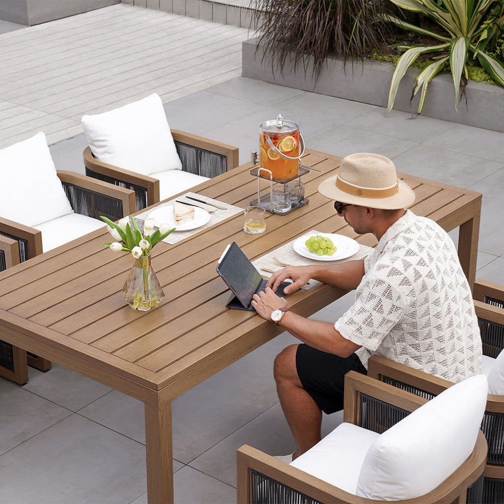 7 Pieces Outdoor Dining Set For 6 with Rectangle Table & Rope Woven Armchair