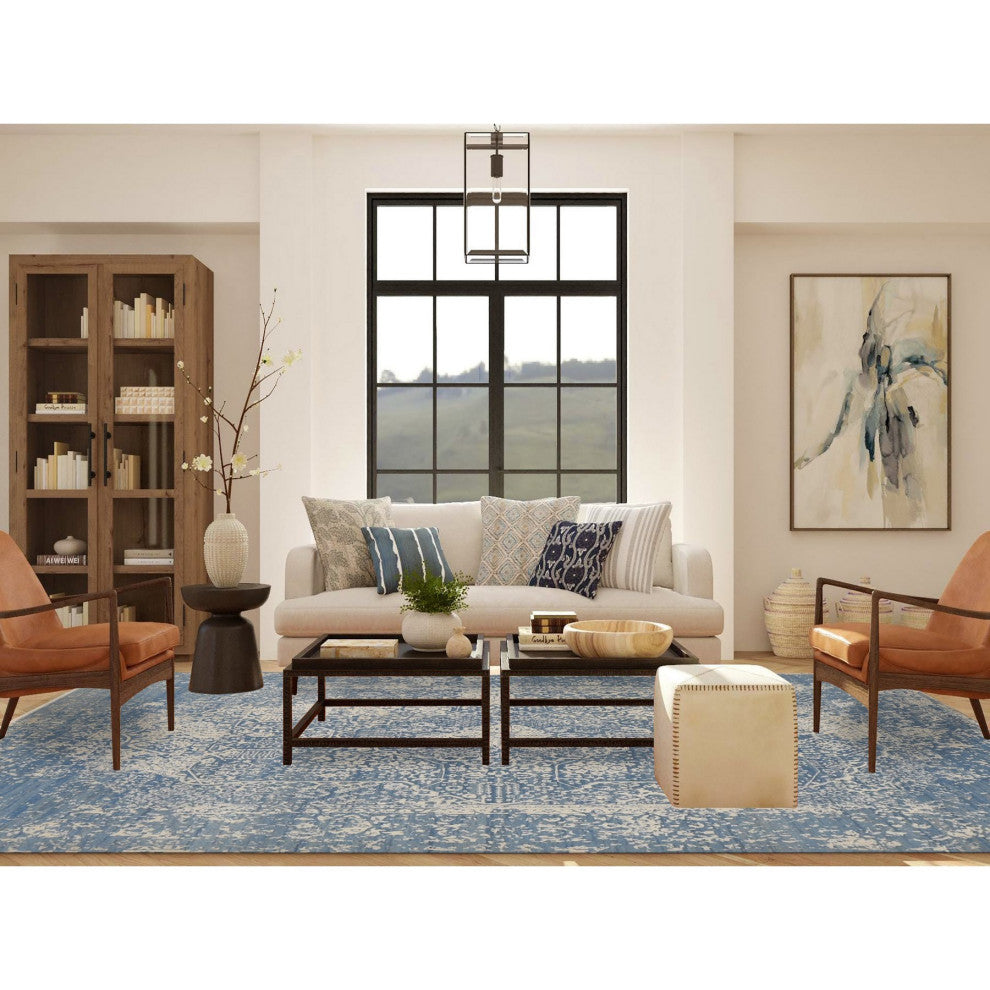 Steel Blue, Broken Persian Design, Wool and Silk, Hand Knotted Rug, 9'2"x12'1"