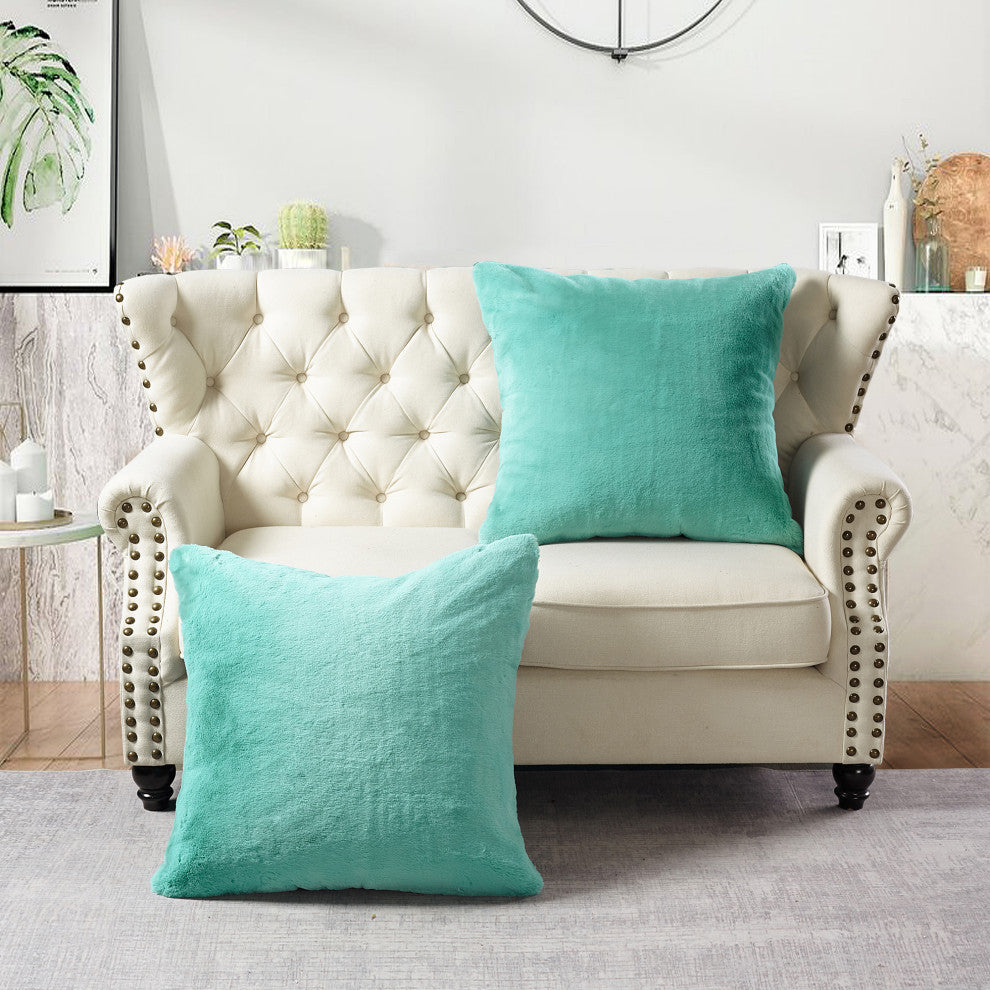 Heavy Faux Fur Throw Pillow Covers 2pcs Set, Blue Turquoise, 26''x26''
