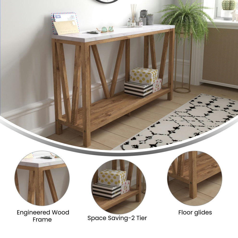 Charlotte Modern 2-Tier Farmhouse Console Accent Table, Warm Oak/Marble