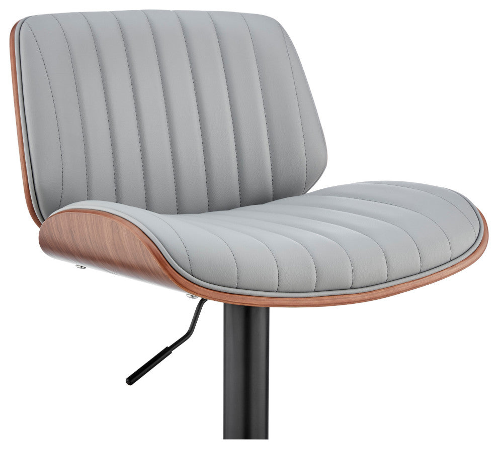 Adjustable Gray Faux Leather Black Steel and Walnut Bar Stool