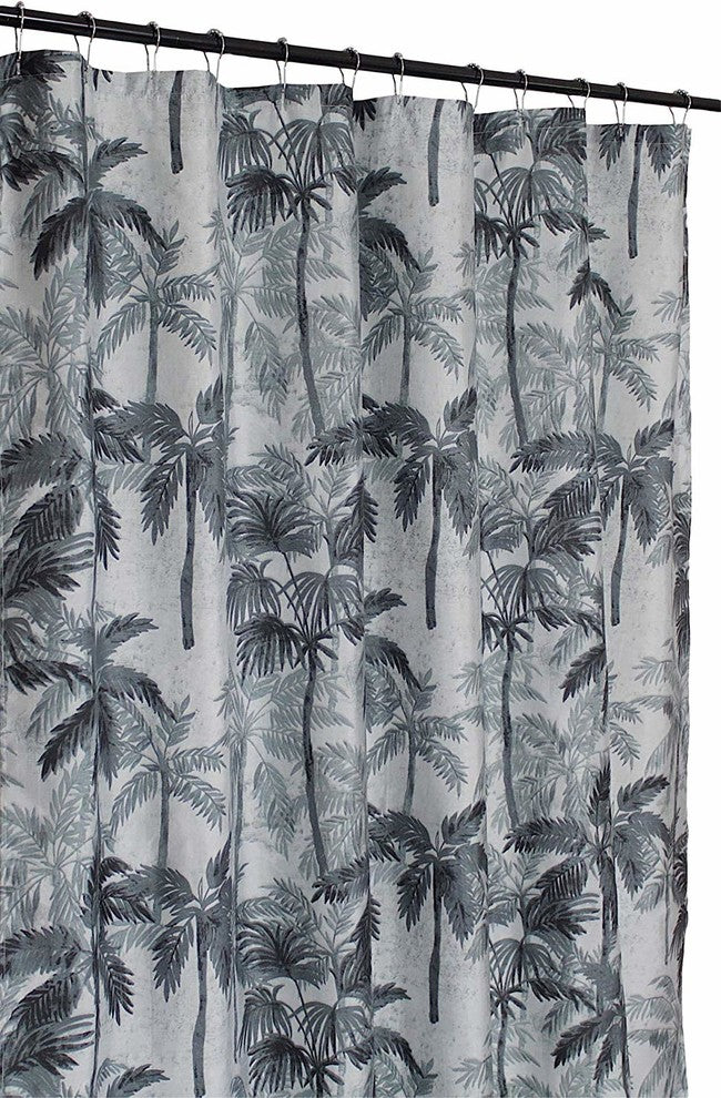 Charcoal Black Grey Fabric Shower Curtain: Palm Tree Tropical Rainstorm Design