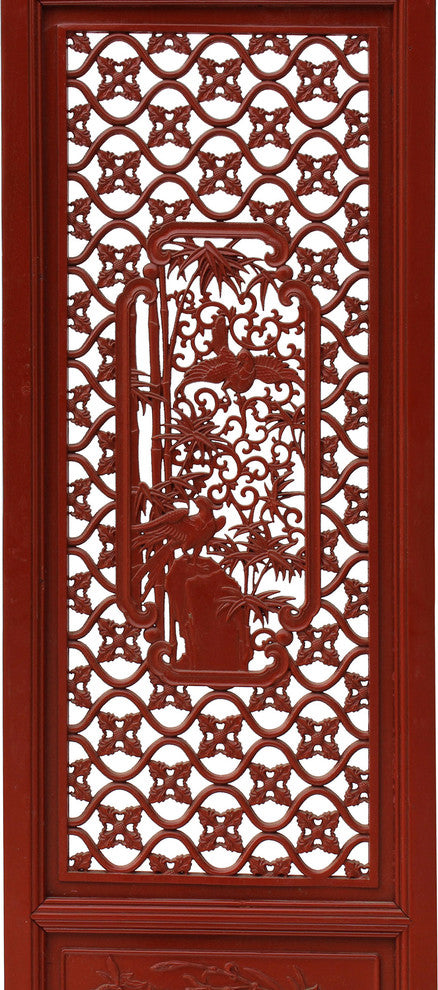 Red Paint Geometric Flower Bird Accent Narrow Floor Panel Headboard