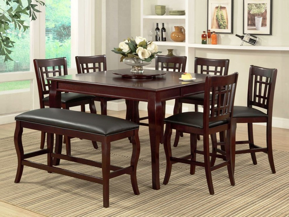 Wooden Counter Height Table with Lazy Susan, Cherry Brown