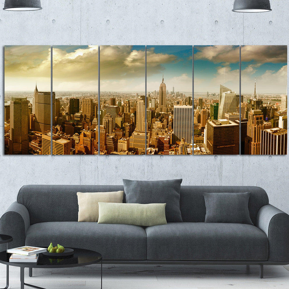 Midtown and Downtown Manhattan, Modern Cityscape Canvas Print, 70"x28", 6 Panels