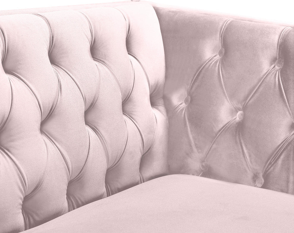 Michelle Fabric Upholstered Chair, Gold Iron Legs, Pink, Velvet, Loveseat