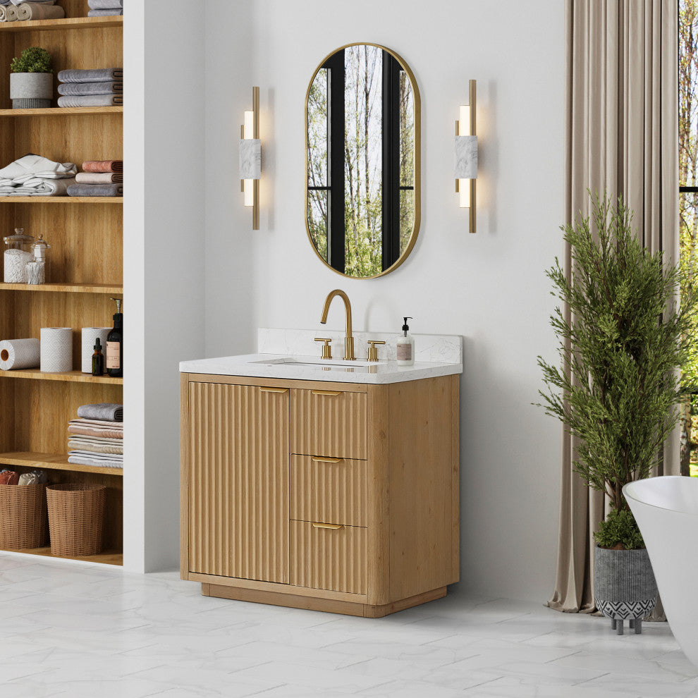 Vinnova Cadiz Bath Vanity, Composite Stone Top, Washed Ash Grey, 36", With Mirror