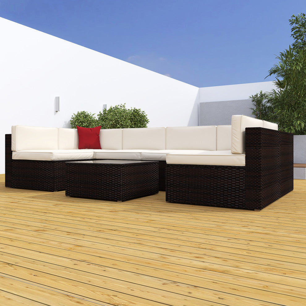 117" Wide Outdoor Wicker U-Shaped Patio Sectional With Cushions, Beige