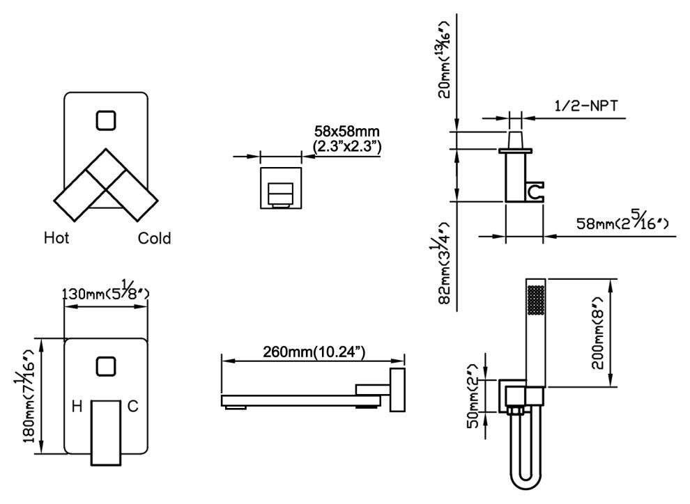Wall Mounted Double Handle Roman Tub Faucet with Hand Shower, Brushed Gold