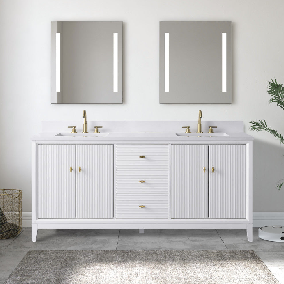 Vanity Art Bathroom Vanity with Engineered Marble Top and Sink, White, 72" (Double Sink), Golden Brushed