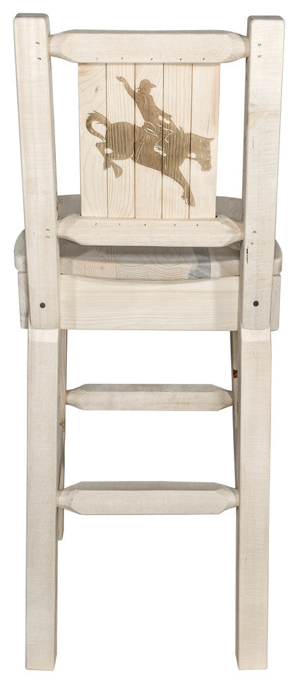 Homestead Bar Stool With Back, With Laser Engraved Bronc, Clear Lacquer Finish