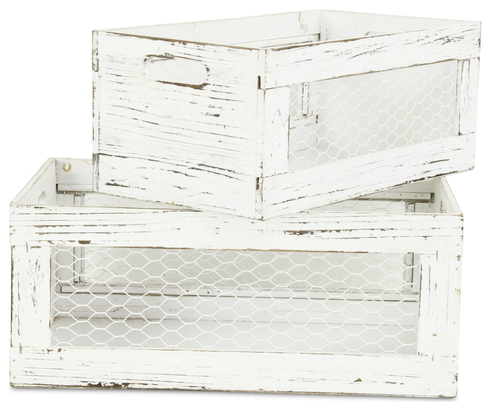 Rustic Chicken Wire Wooden Crates, Set of 2