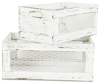 Rustic Chicken Wire Wooden Crates, Set of 2