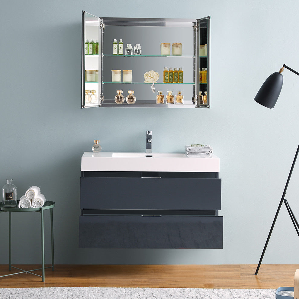 Valencia 40" Dark Slate Gray Wall Hung Bathroom Vanity, Medicine Cabinet