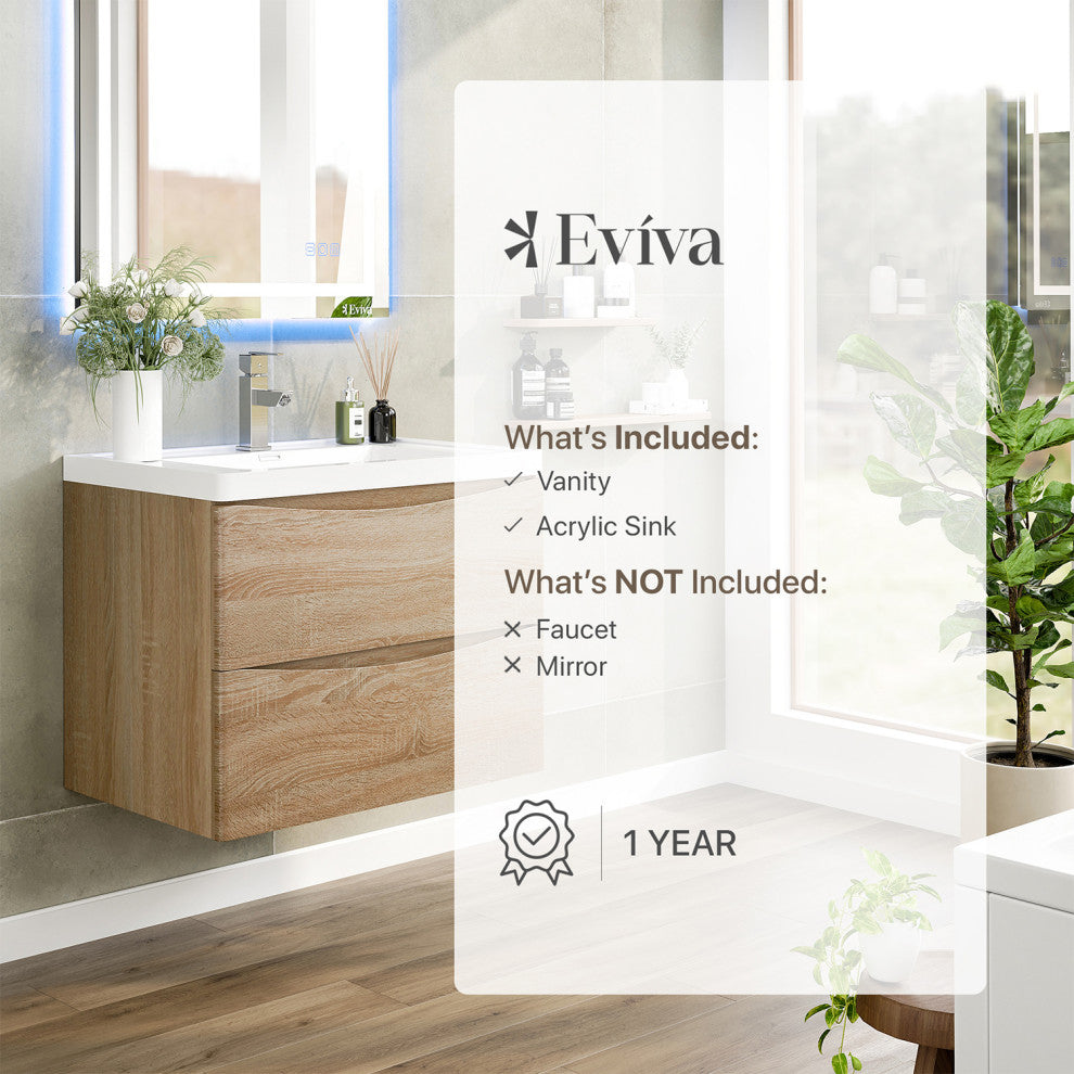 Eviva Smile 30" White Oak Wall Mount Modern Bathroom Vanity White Acrylic Sink
