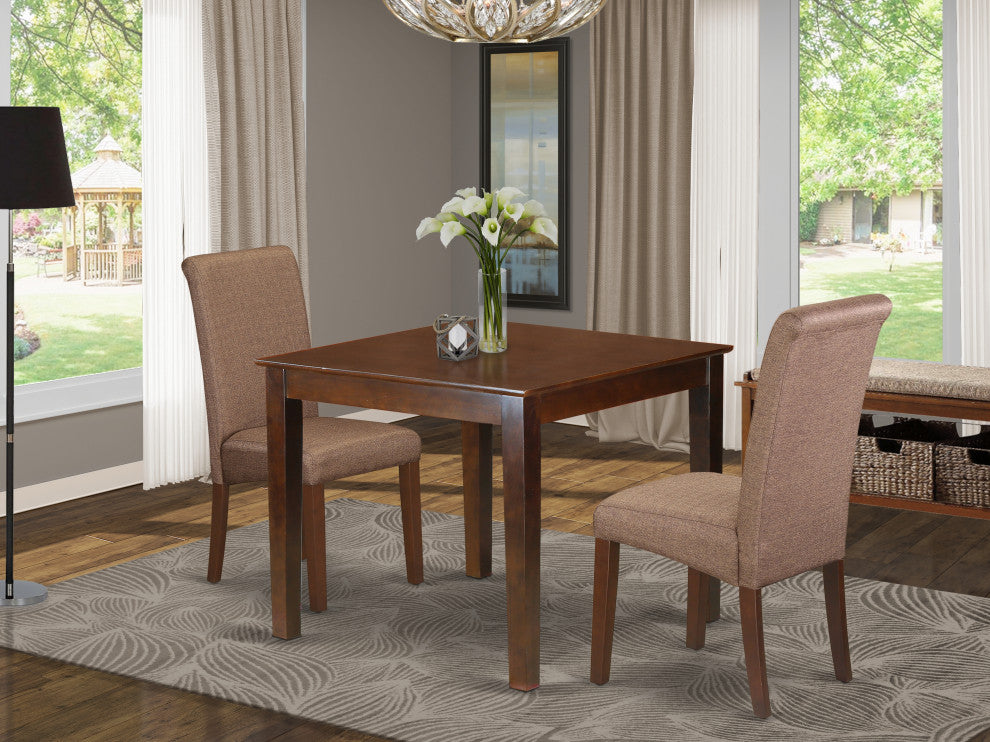 3Pc Square Table With Linen Brown Fabric Parson Chairs With Mahogany Chair Legs