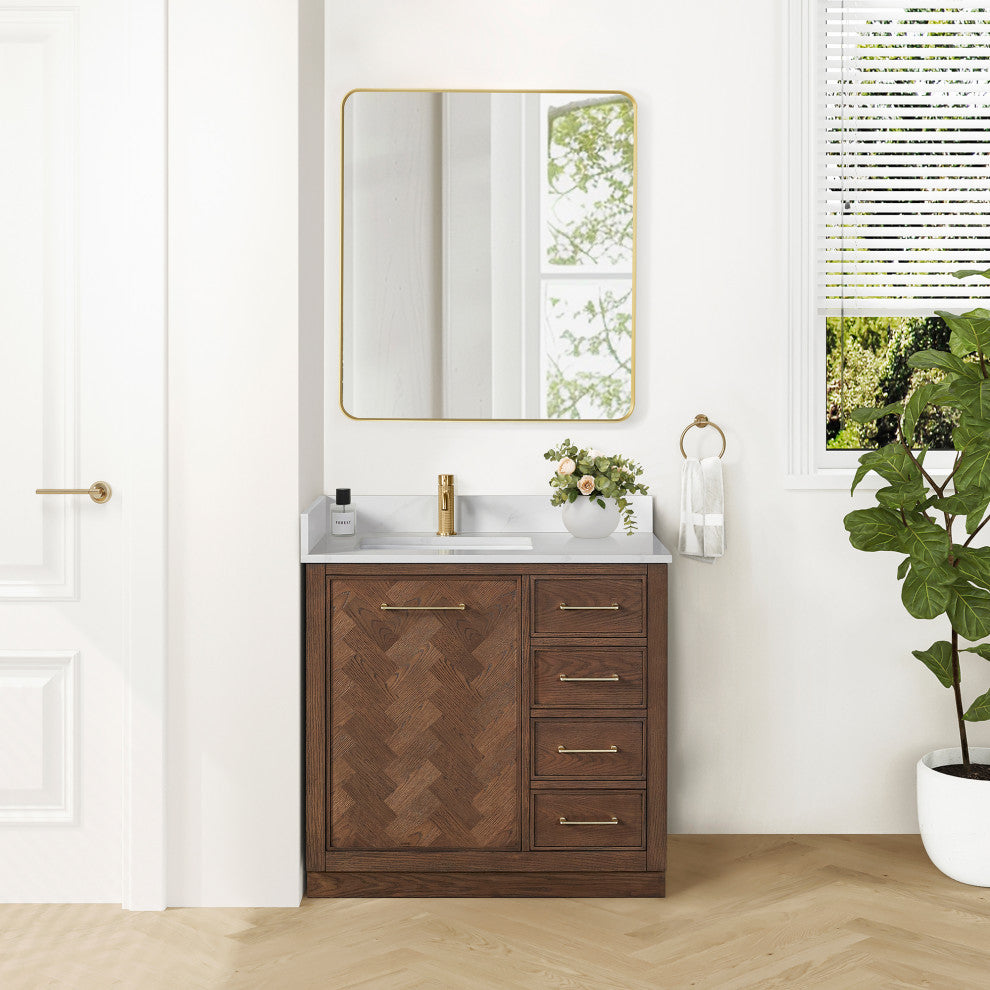Jakarta Bath Vanity, Quartz Top No Mirror, Dark Brown Oak, 36", Single Vanity