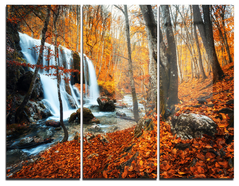 "Autumn Mountain Waterfall Close View" Metal Wall Art, 3 Panels, 36"x28"