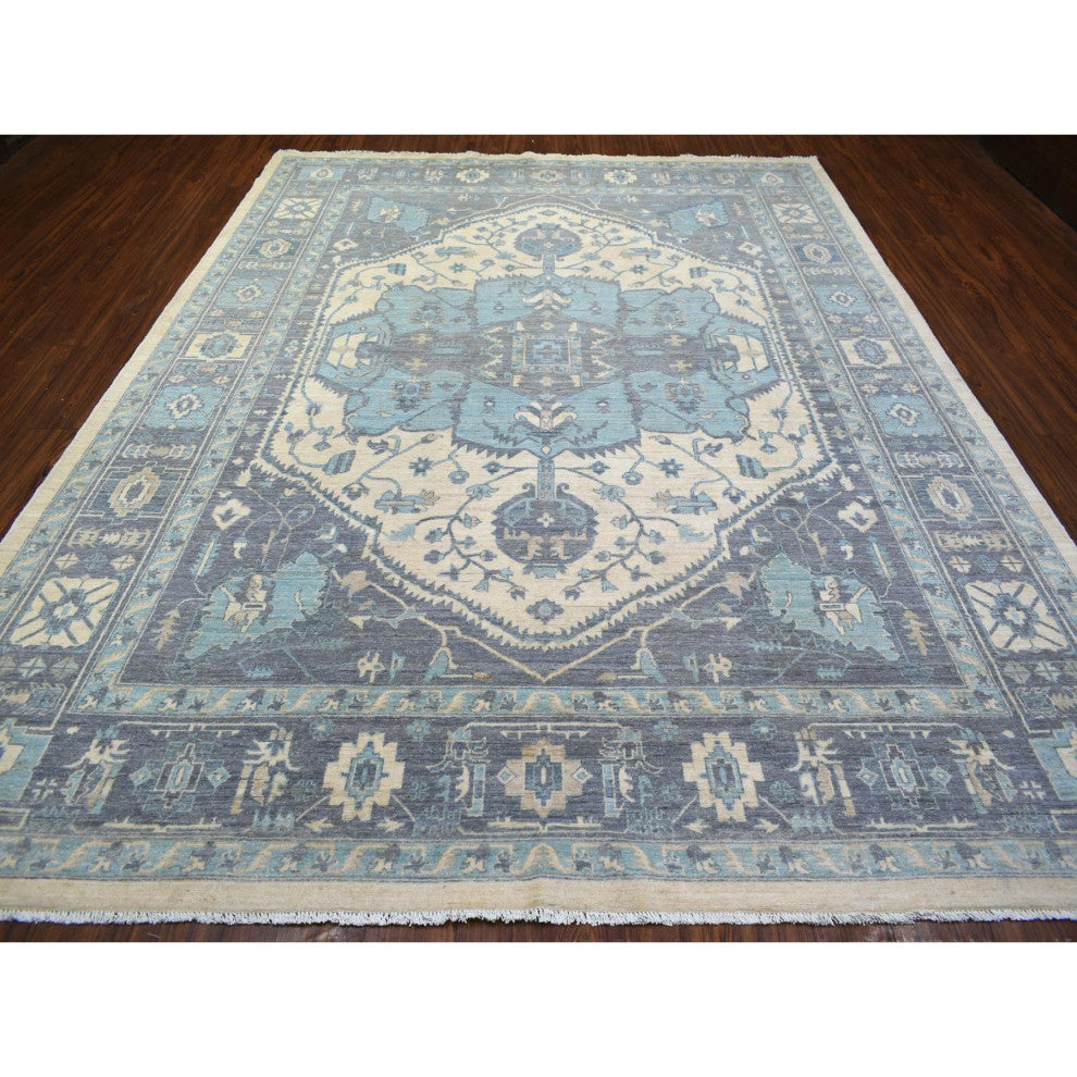 Ivory Hand Knotted Heriz Serapi Fine Peshawar Pure Wool Oriental Rug, 9'1"x11'9"