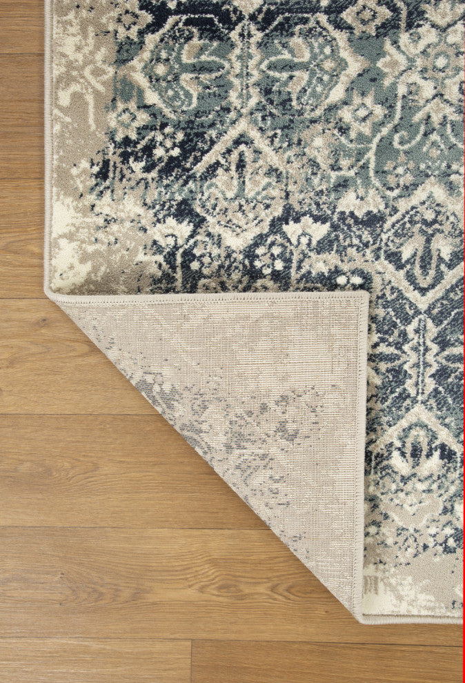 3"x5" Beige Blue Distressed Diamonds Area Rug