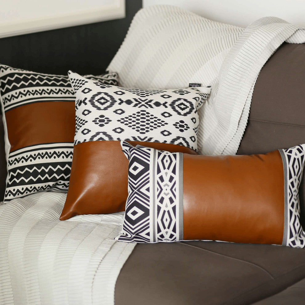 Half Patterned Faux Leather Throw Pillow