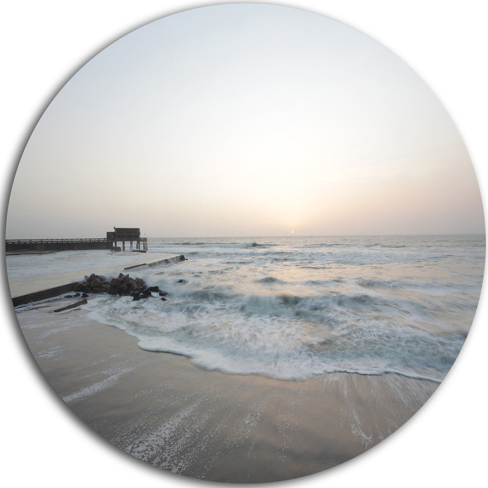 Serene Blue Beach With White Sun, Beach Round Metal Wall Art, 23"