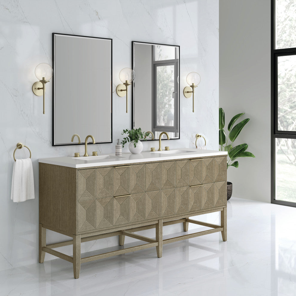 Emmeline 72" Double Vanity, Pebble Oak, White Zeus
