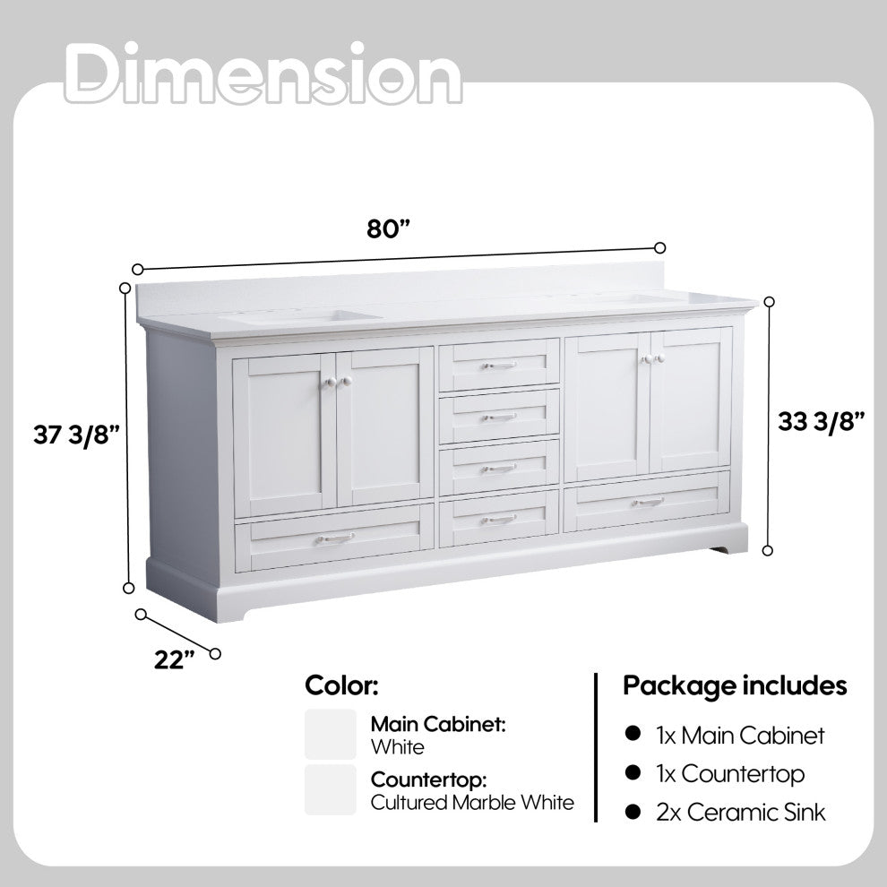 80" Freestanding Bathroom Vanity with White Cultured Marble Top in White