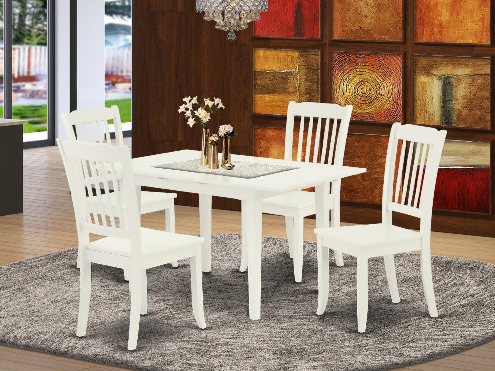 5Pc Dining Set 4 Wood Chairs, Small Butterfly Leaf Dining Table, Linen White