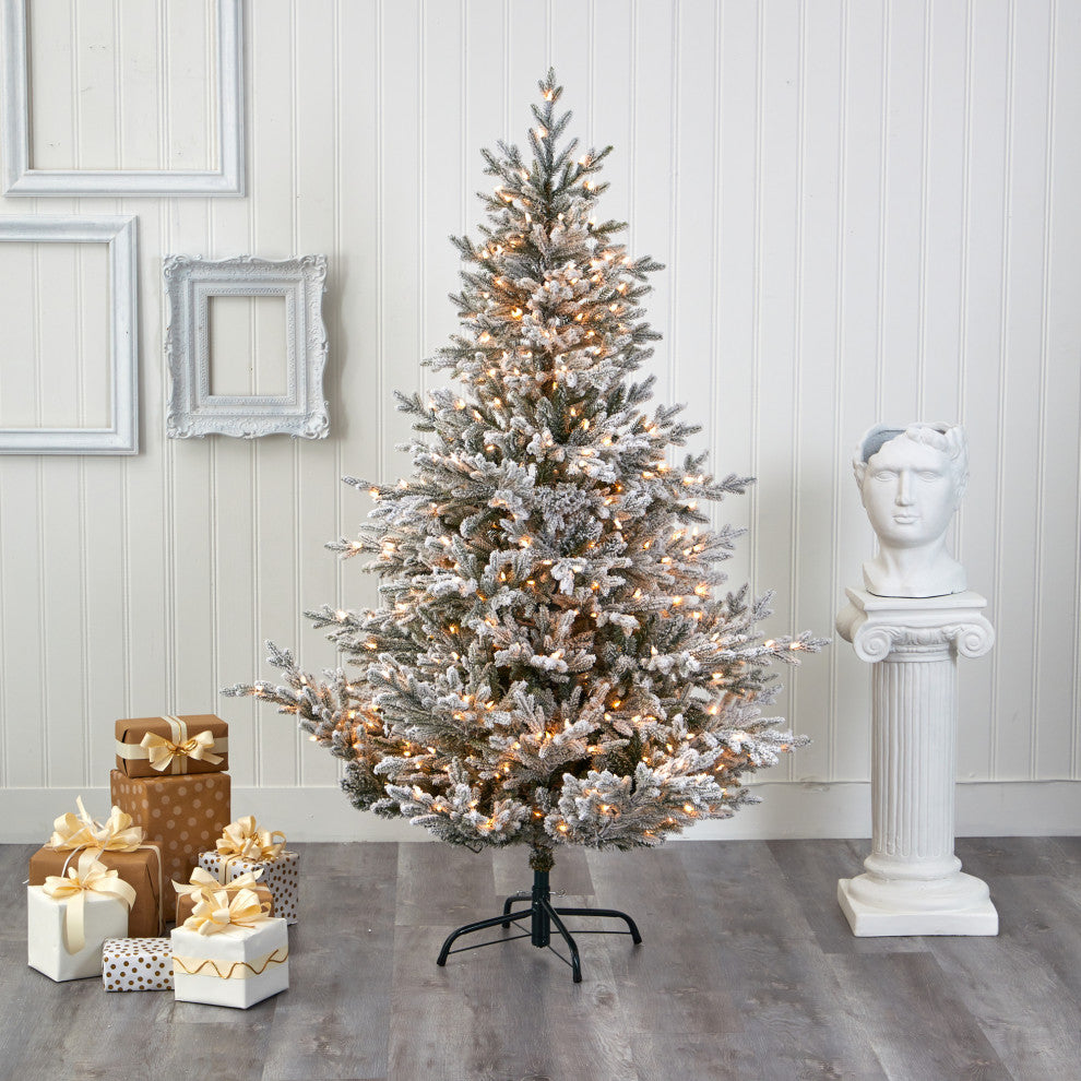 6' Flocked Fraser Fir Faux Xmas Tree W/500 White Lights & 236 Bendable Branches